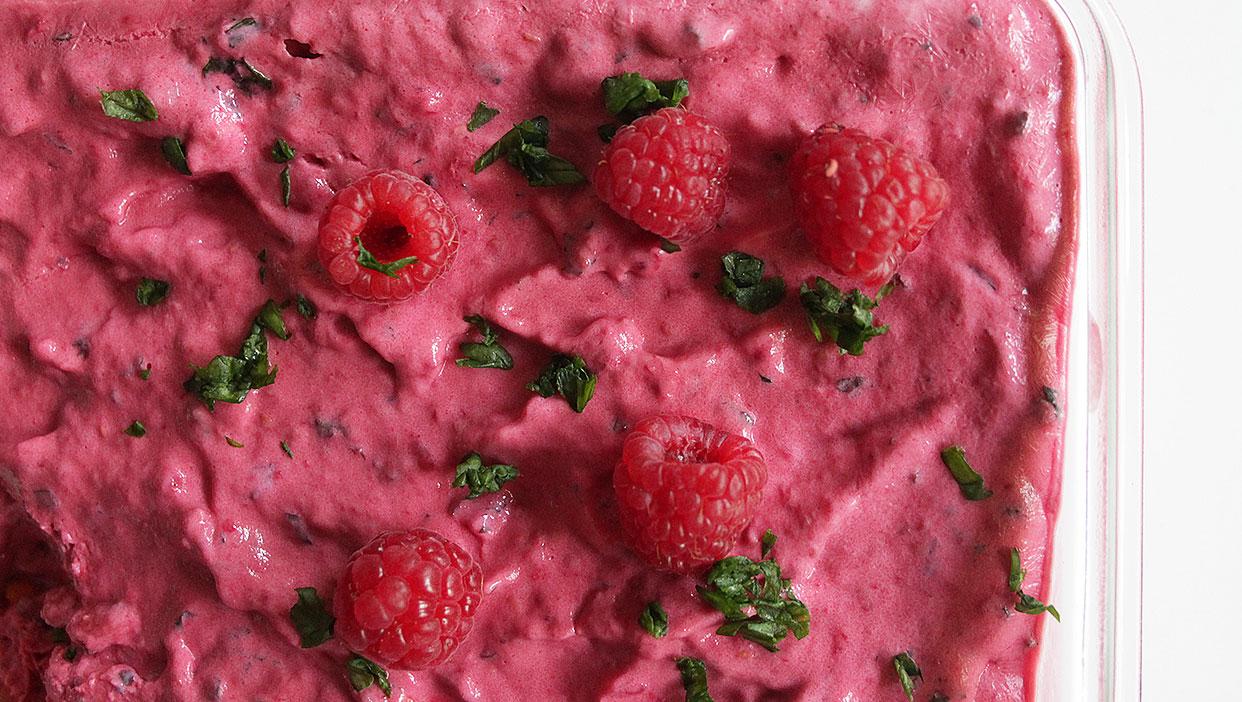 Schneller Frozen-Joghurt mit Himbeeren und Minze