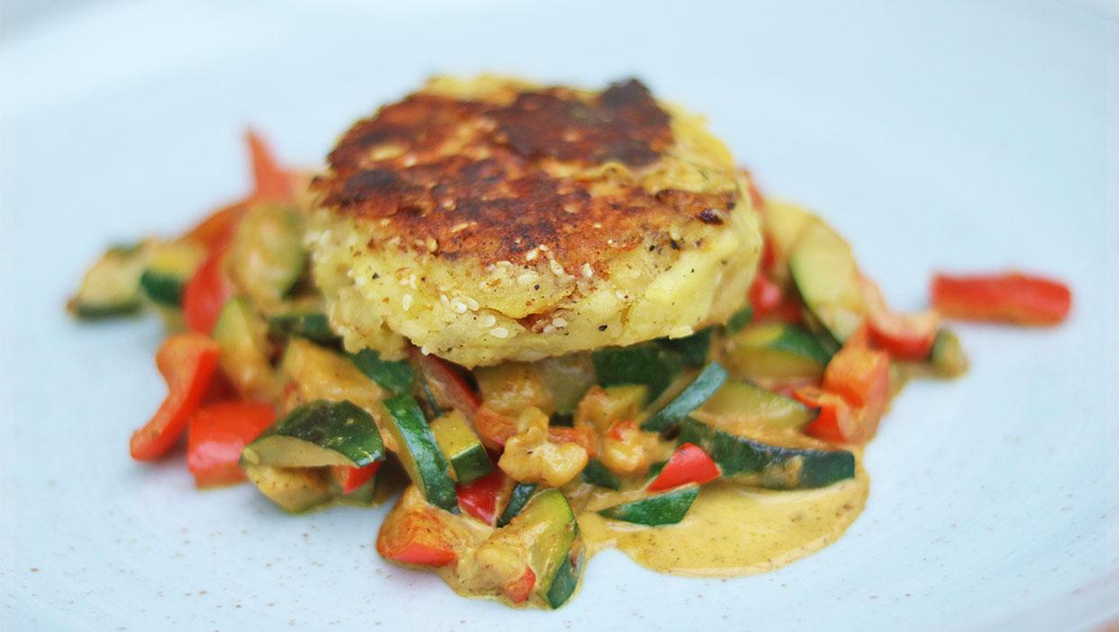 Kartoffelküchlein auf Curry-Sahne-Gemüse